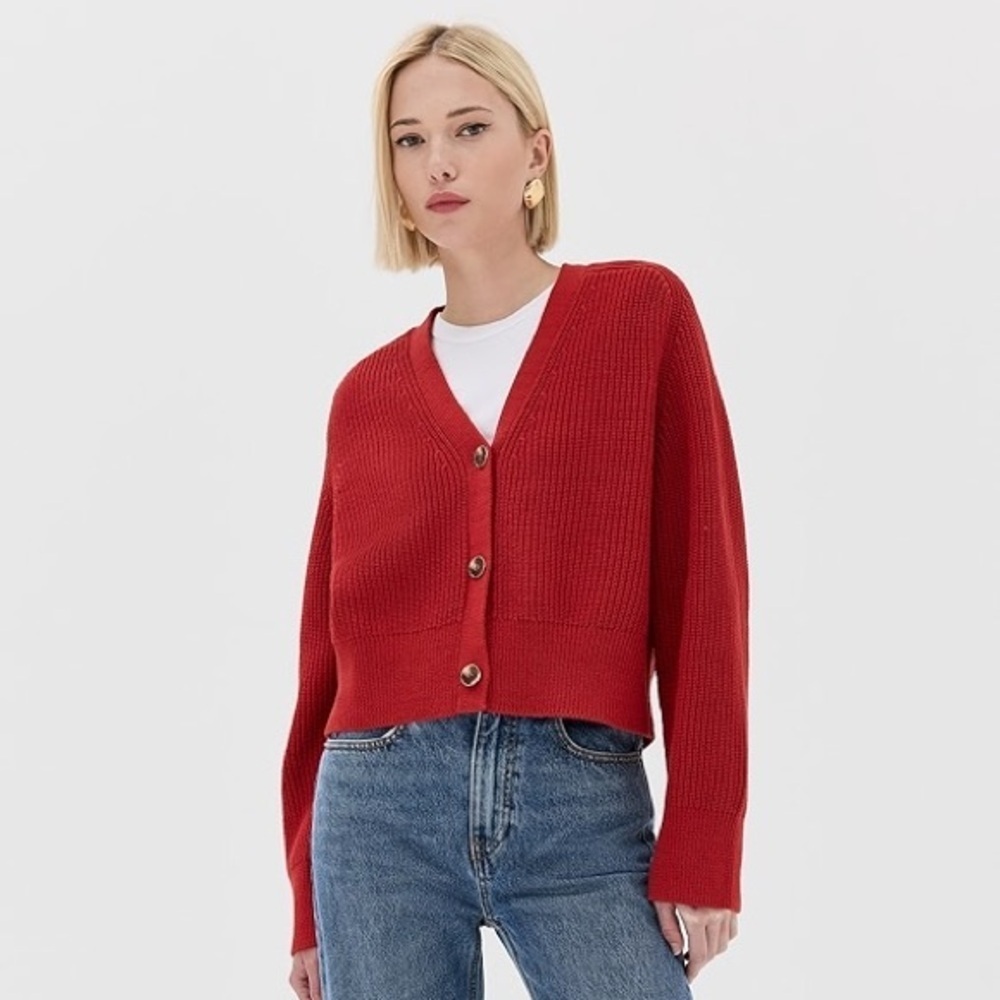 Reformation Jessa Cotton V Neck Button Knit Cardigan Sweater Red Sundried Tomato